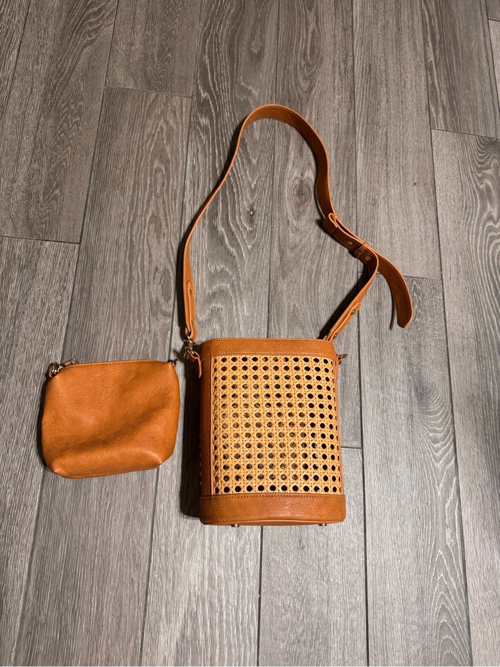 Woven Rattan Accent Crossbody Bag in Cognac